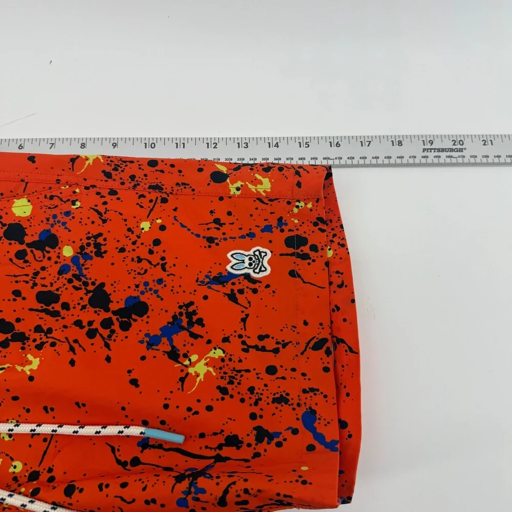 Psycho Bunny Mens Orange Paint Splatter Swim Trunks Shorts Size S